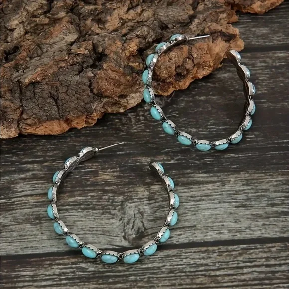 NEW Turquoise hoop earrings western style earrings boho chic jewelry, trendy - Picture 3 of 7